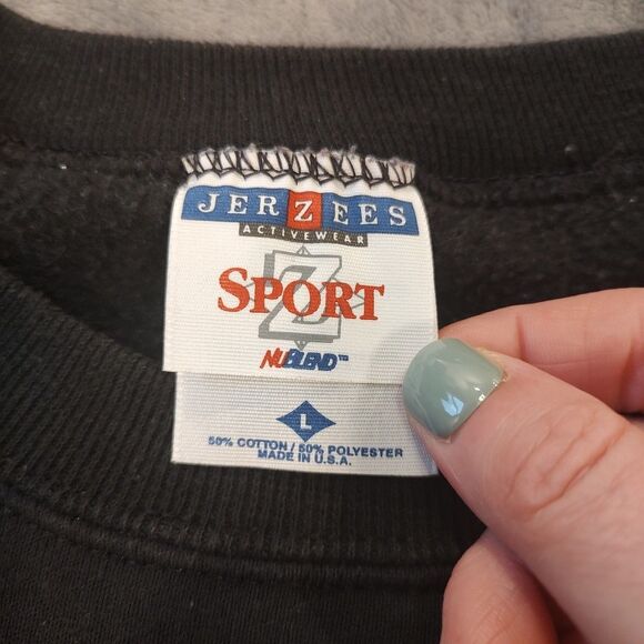 Vintage 90s JERZEES SPORT Sweatshirt Size Large Black Blank Crewneck Made In USA - Picture 2 of 9